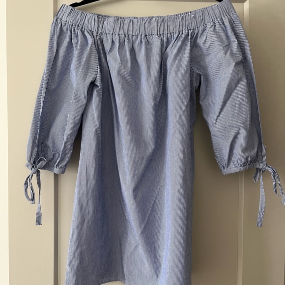 First Love Pinstripe Off the Shoulder Cotton Dress - Picture 2 of 3